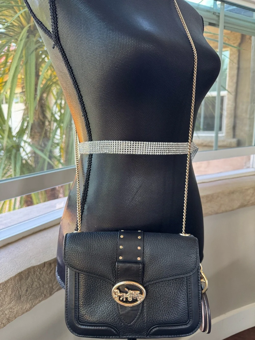 Coach Georgie Crossbody/Xbody Black Pebble/Leather Bag Purse With Rivets